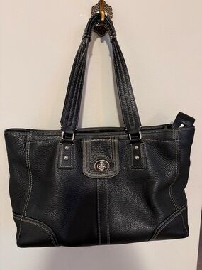 Coach Black Leather Tote with Turn-Lock Front Pocket